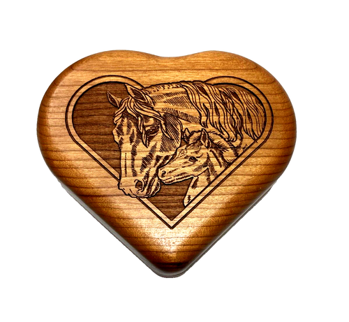 WILDERNESS WOOD  HEART SHAPED, LASER ETCHED HORSE MUSICAL TRINKET BOX - Picture 1 of 3