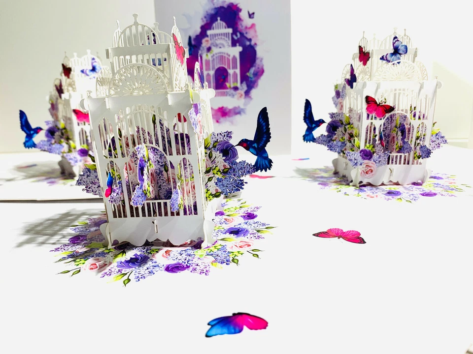 ORIGAMI POP CARDS OrigamiPopCards.com Hummingbird Bird Cage 3D Pop Up Greeting Card Happy Birthday