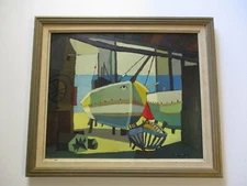 Mid Century Painting Boats Nautical Tricomi Cubism Modernism Expressionism Rare