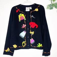 Michael Simon New York Vintage Western Theme Cardigan Sweater Black Size Large