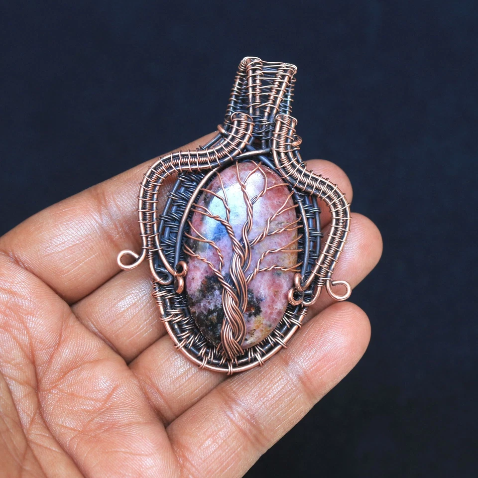 Único Colgante de Alambre de Cobre Árbol de la Vida Piedras Preciosas de Rodonita Rosa Joyería NK602 Foto 2 de 4