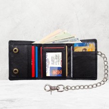 RFID Blocking Black Mens Leather Biker's Chain Trifold Wallet Trucker Motorcycle