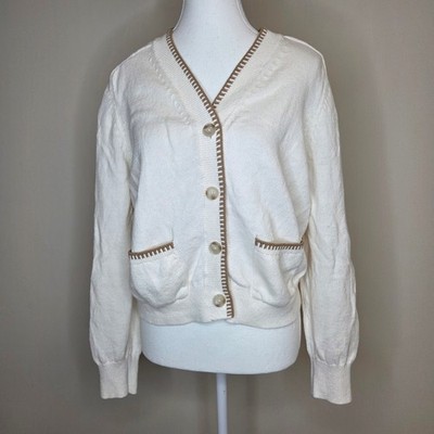 Loft Womens Small Cream Cotton Cottagecore Cardigan Sweater Waist Cropped