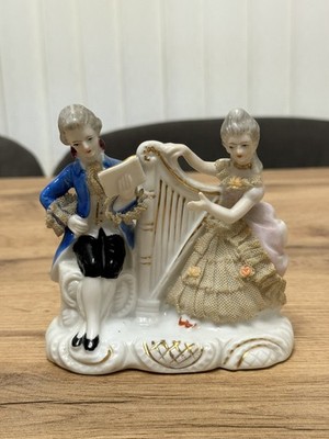 Vintage Porzellan Paar spielt Harfe Figur Spitzenkleid Rokoko Stil