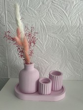 Deko Set Handarbeit, Vase mit Blumen, Tablet und 2 Kerzenhalter 