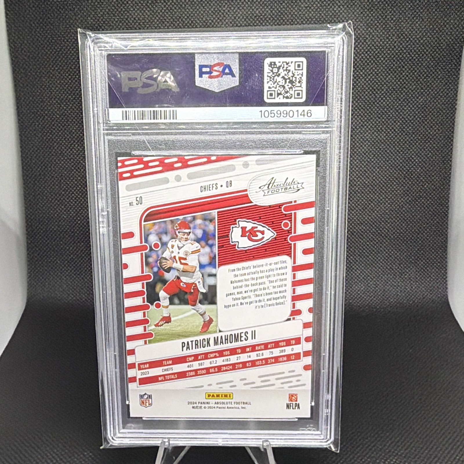 Panini 2024 Absolute Patrick Mahomes II Red White & Blue Kaleidoscope #50 PSA 10 view 2