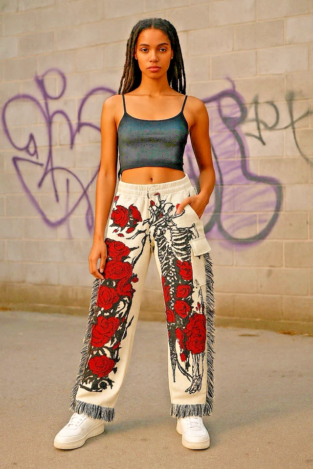 Pantalones cargo Guapi French Roses tapiz tiro medio borde deshilachado talla 40 raro esqueleto Foto 2 de 4