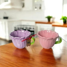 LANG by Design Group FLOWER SHAPED COFFEE MUG HAND PAINTED 8oz. Set of 2