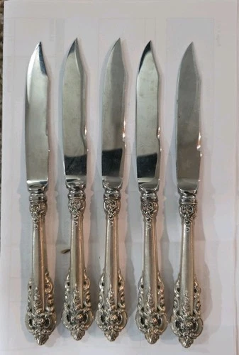 SET OF FIVE WALLACE GRAND BAROQUE STERLING SILVER FRUIT KNIVES
