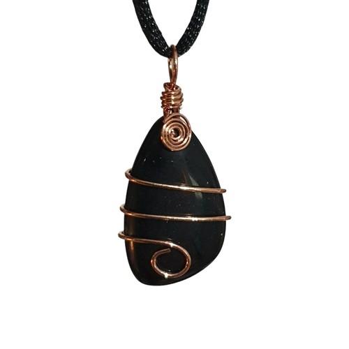 Obsidian Pendant Necklace Copper Wrapped Coil Volcanic Glass Gemstone Jewellery