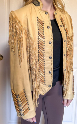 Tribe America Womens Fringed Leather Jacket Size 8 Black Tan Conchos Western