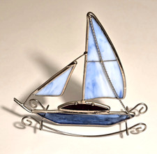 Sailboat Stained Glass Blue White Sail Boat Nautical Decor 5.5x5.5