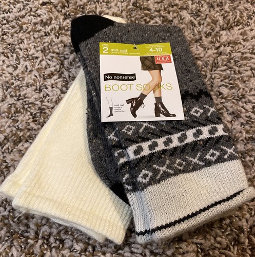 No Nonsense Women's Mid Calf Boot Socks Shoe Size 4-10 Ivory \u0026 Lurex 2 Pairs New