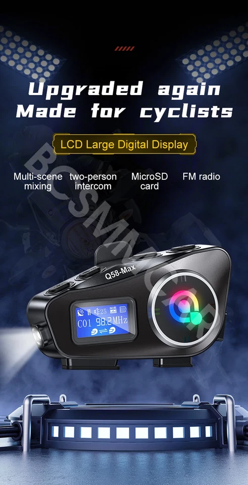 Motorcycle LCD Display Intercom Helmet Bluetooth Headset Music Share Earphone - Image 3 of 4