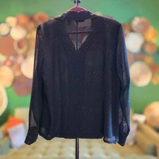 Karen Scott Black Sheer Glitter Polka Dot Blouse – Size Large – Elegant Sparkle