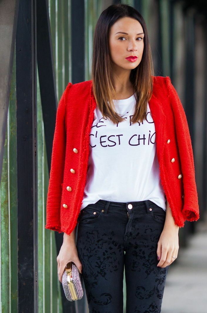 A347 ZARA RED TWEED FANTASY FABRIC BLAZER JACKET GOLD BUTTONS COAT