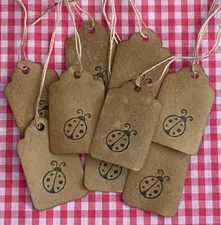 25 xsmall PRIMITIVE LADYBUG coffee stained stamped spring Hang Tags Farmhouse