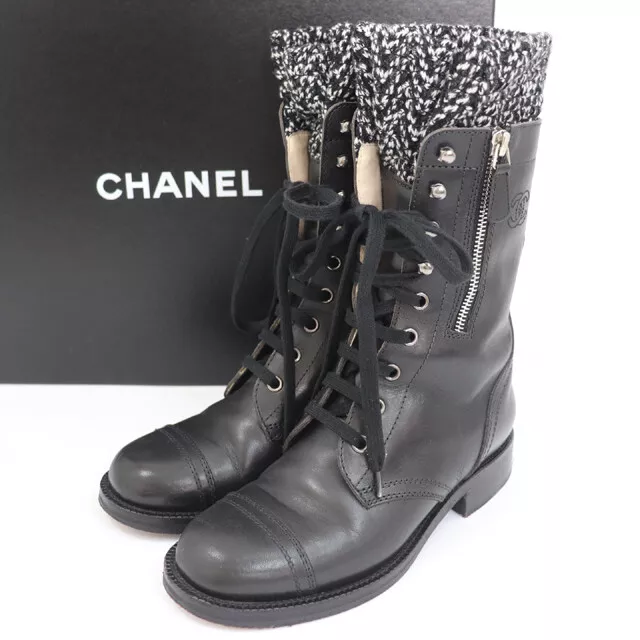 CHANEL Long boots leather tweed lace-up G27911 black ladies EU36