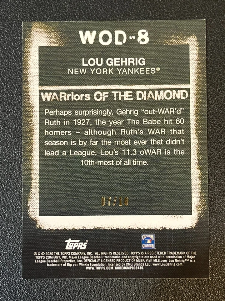 Lou Gehrig 2020 Topps WARriors Of The Diamond Red Parallel /10 Yankees WOD-8 - Image 2 of 2