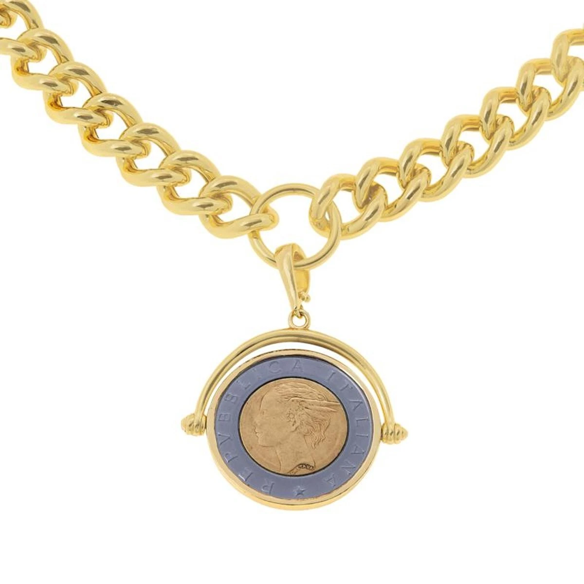Bellezza 18" Bronze Lira Coin Flip Pendant with Curb-Link Necklace Two Tone - product detail image 3