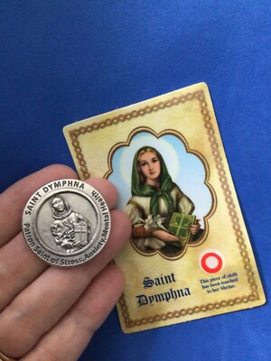 St DYMPHNA Pocket Token Stress Anxiety + RELIC Card 1-1/8'' Saint Medal Silver
