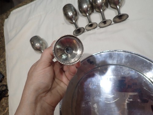 Set of Six Small metal 4" Goblets on 12" wide floral metal tray barware - Picture 9 of 10