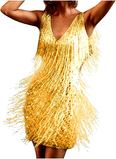 MINIVESTIDO MUJER AMARILLO CON FLECOS BRILLANTES CUELLO EN V (TALLA ÚNICA)