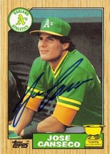 Jose Canseco autographed baseball card 1987 Topps #620 All Star Rookie Cup 