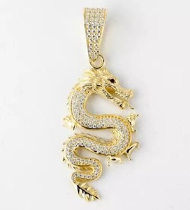 Authentic 2Ct Round Cut Lab Created Diamond Charm Dragon Pendant in 14K Yellow Gold Plated