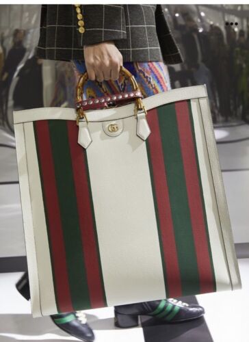 Gucci Duffle Off White Leather Web Print Maxi Diana Tote