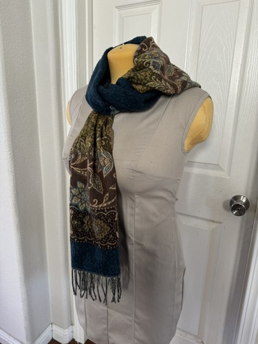 Fraas Cashmink Paisley Fringe Scarf Blue Gold Pink Floral Made in Germany 72" - Picture 7 of 22