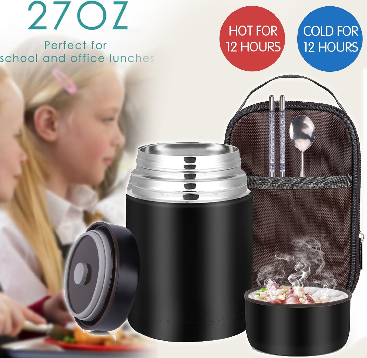 Thermobehälter für Essen Edelstahl thermo Lunchbox Henkelmann warm & kalt 800ml
