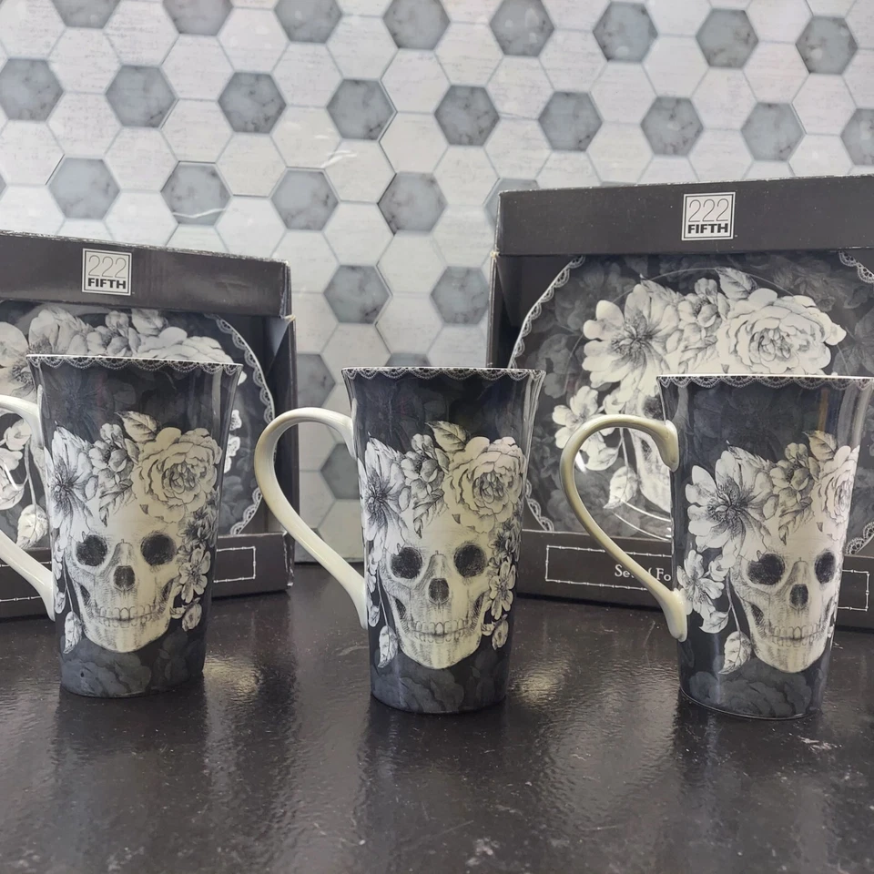 222 Fifth Marbella Skull set Dinner & Salad Plates 3 Mugs NEW - Image 3 of 4