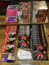 LOT OF 69 Audio Cassette Tapes Blank New- TDK, maxell, MEMOREX & SONY