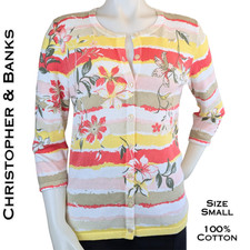 Christopher  Banks Cardigan Small Multicolor Floral Striped 3/4 Sleeve Cotton
