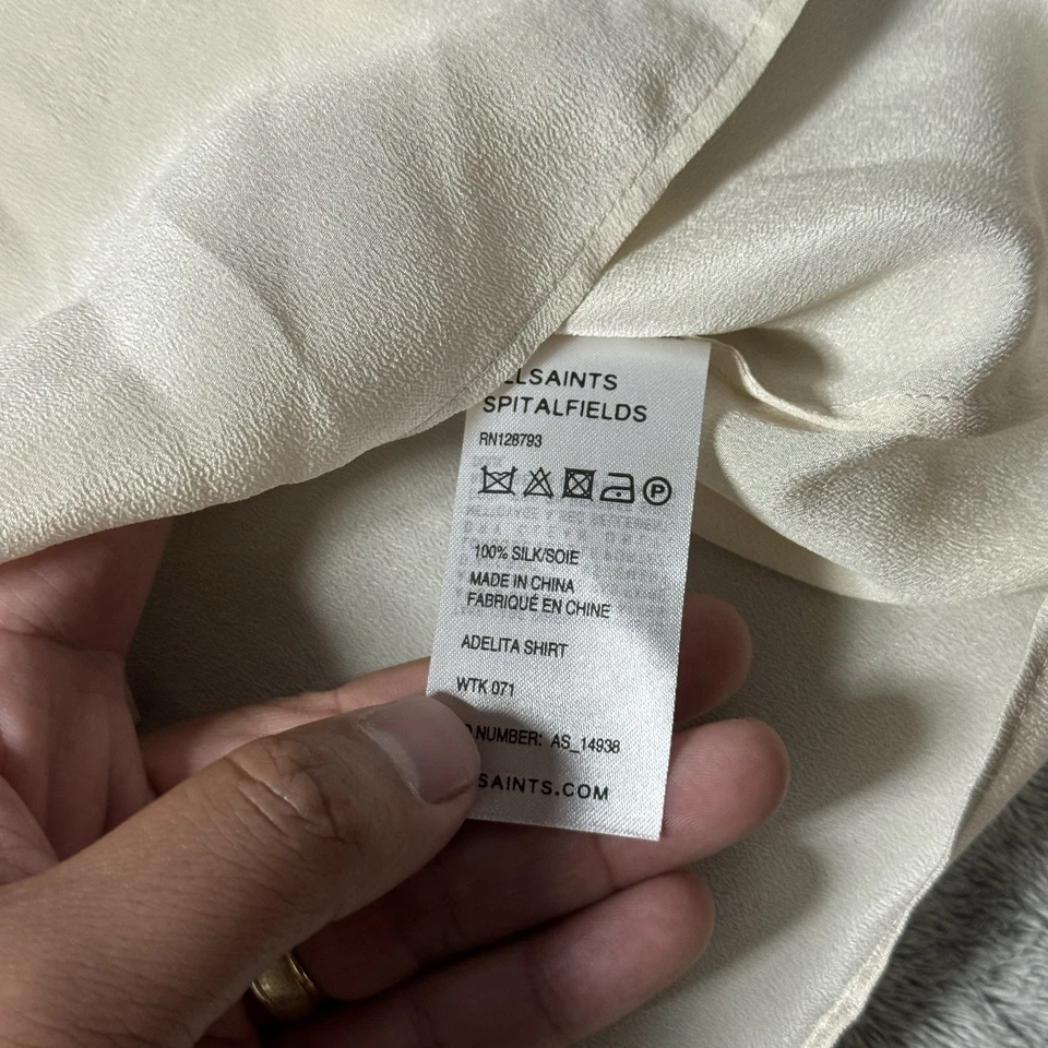 Blusa Allsaints Mujer Talla 10 Marfil 100% Seda Volantes Borde Chaleco Transparente Top Foto 4 de 4