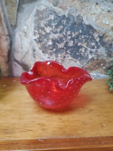 Vintage Murano Handblown Bubble Glass  Cherry Red Bowl Ashtray Dish 5" Elegance