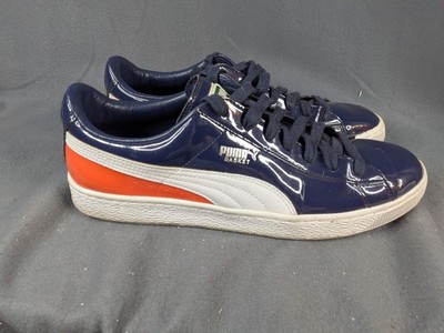 Puma Basket Classic Patent Leather Sneakers Shoes Blue White Orange Mens 12 S15