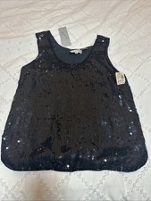 Vintage Jennifer Black Sequin Evening Sleeveless Blouse w/Beading 100 Silk Sz M