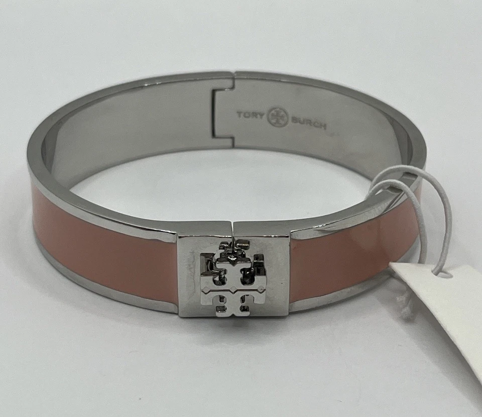 Brazalete Brazalete Bisagra Tory Burch Kira Logo Rosa Y Plata 10mm Nuevo con Etiquetas Foto 2 de 4