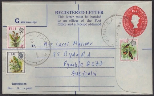 Fiji QE2 3c/8c embossed registered letter uprated 2+4+10c, used “VUNISEA"