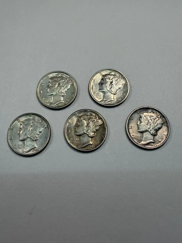 Five Mercury Dimes MS ‘42, ‘43, ‘44, ‘44 D, ‘45 D