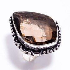 925 Sterling Silver Jewelry Handmade Smoky Quartz Gemstone Partywear Ring 6.5 US