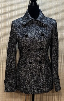 Express Black & White Wool Pea Coat Marled Quiet Money Leopard Liner Mob Wife S