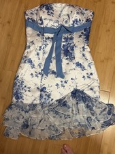 Strapless Blue White Floral Mini Bodycon Dress, Bow Ruffle Layered Chiffon 10