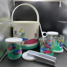 Vtg 10 Pc Ice Bucket Set With Duck Designs- Tumblers/Tongs/Coasters Are Lids Too