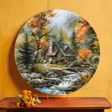 1pc Vintage Round Aluminum Wall Art - Autumn Landscape Cottage Scene W/Vibrant F