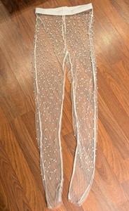 Women’s Pearl Mesh Tights Size Small – Sheer Fishnet Rhinestone Party Tight Pant