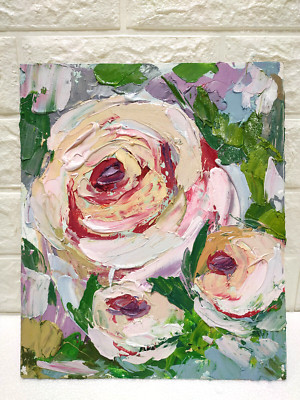 Original oil painting Abstract White roses flowers Palette knife art 10x12