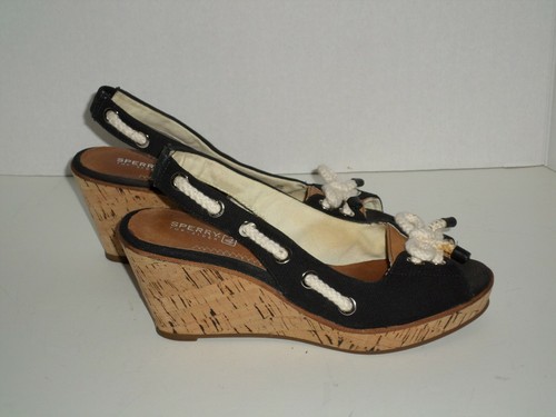 Sperry Top Sider Women's Black Peep Toe Wedge Heel Sandals Size 8 Super Cute - Picture 3 of 7